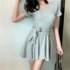 Surplice Wrap Lace Up Short-sleeve Top / Plain A-line Skirt