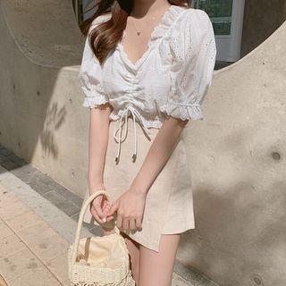 Elbow-sleeve Perforated Drawstring Cropped Top / A-line Mini Skorts