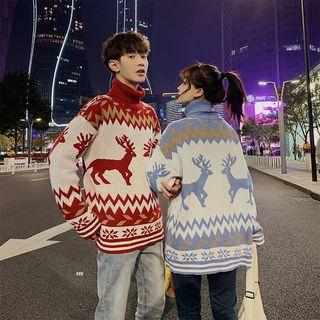 Turtleneck Reindeer Print Sweater