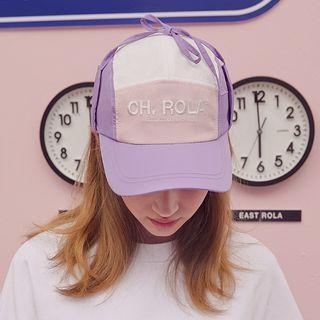 Beribboned Letter-embroidered Color-block Ear Flap Cap Lavender - One Size