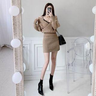 Set: Criss-cross Cable Sweater + Mini Rib-knit Skirt