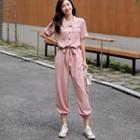 Elbow-sleeve Collared Jumper Jumpsuit