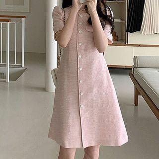 Short-sleeve Button-up Tweed Dress Pink - One Size