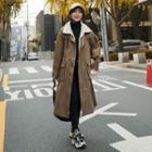 Faux Shearling Panel Single-breasted Long Coat