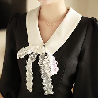 3/4-sleeve Beribboned Ruffled Shirtdress