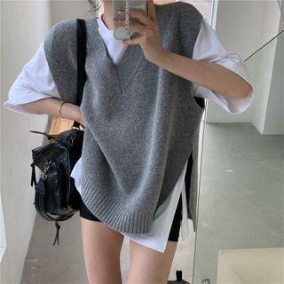 Short-sleeve Plain T-shirt / V-neck Plain Knit Vest