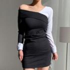 Long-sleeve One-shoulder Two-tone Panel Mini Bodycon Dress