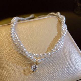 Layered Beaded Necklace Pearl - White - One Size