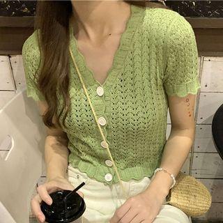 Buttoned V-neck Short Sleeve Top