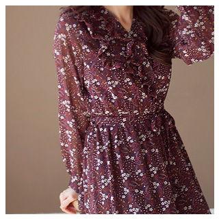 Frill-trim Floral Print Chiffon Dress