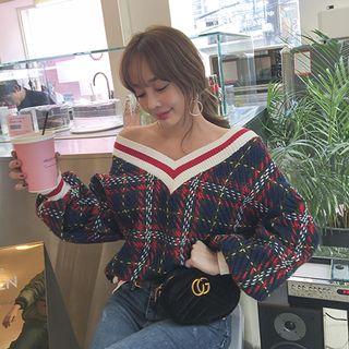 V-neck Plaid Wool Blend Sweater