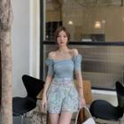 Ruffle Trim Shirred Sort-sleeve Top / Floral Mini A-line Skirt