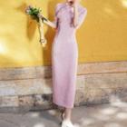 Elbow-sleeve Fleece Trim Midi Qipao