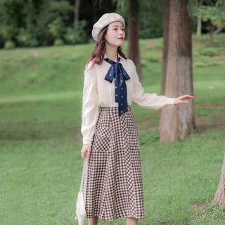 Set: Blouse + Plaid A-line Midi Skirt