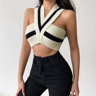 Sleeveless V-neck Two-tone Cropped Knit Top Black & Off-white - One Size