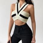 Sleeveless V-neck Two-tone Cropped Knit Top Black & Off-white - One Size