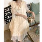 Butterfly Embroidered Elbow-sleeve Chiffon Dress Almond - One Size