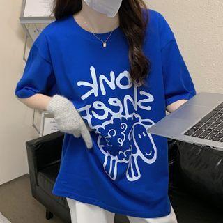 Short-sleeve Sheep Print Lettering T-shirt