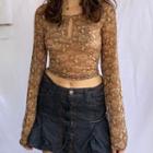 Long Sleeve Floral Print Cut-out Crop Top