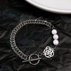 Pearl Panel Rose Flower Bracelet Silver - One Size