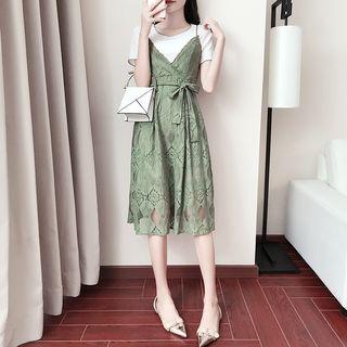 Set: Short-sleeve T-shirt + Lace Strappy Dress