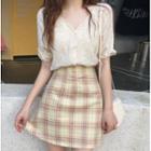 Eyelet Lace Short-sleeve Blouse / Plaid Mini Straight-fit Skirt
