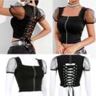 Cap-sleeve Zip Front Crop Top