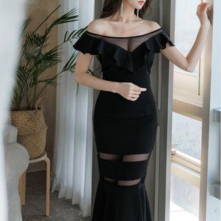 Off-shoulder Mesh Panel Midi Mermaid Sheath Dress