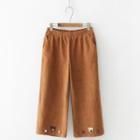Bear Embroidered Cropped Corduroy Wide-leg Pants