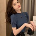 Mock-turtleneck Puff-sleeve Knit Top