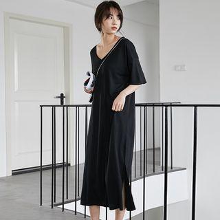Elbow-sleeve Midi T-shirt Dress Black - One Size
