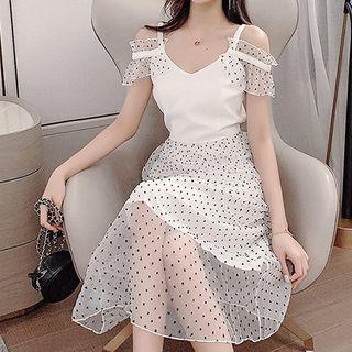 Cold-shoulder Dotted Midi Mesh Dress