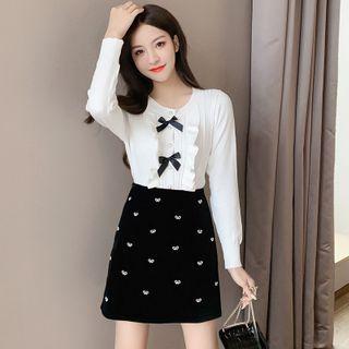 Set: Ruffle Trim Bow Cardigan + Mini A-line Skirt