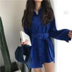 Belt-waist Corduroy Oversized Shirt