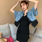 Short-sleeve Washed Denim Panel Shirt / Spaghetti Strap Mini Bodycon Dress