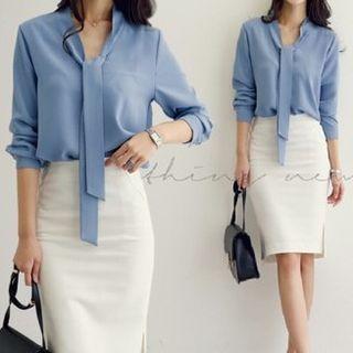 Long-sleeve V-neck Bow Accent Plain Loose Fit Chiffon Shirt