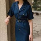 Short-sleeve Open-collar Belted Denim Midi Sheath Shirtdress