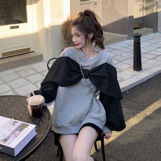 Round-neck Bow Color Block Long-sleeve Top Gray - One Size