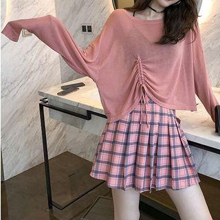 Long-sleeve Drawstring Knit Top / Plaid A-line Mini Pleated Skirt