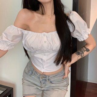 Off-shoulder Button-up Cropped Blouse White - One Size