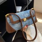 Faux Leather Panel Denim Shoulder Bag Blue - One Size