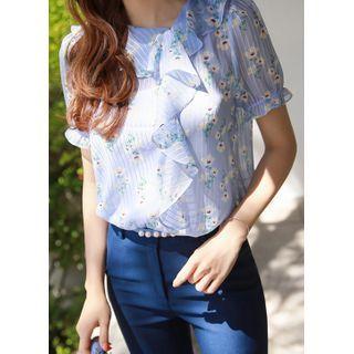 Ruffled Floral Chiffon Blouse Light Blue - One Size