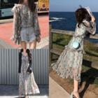 Floral Long-sleeve Midi A-line Dress/ Strappy Midi Dress / Chiffon Top