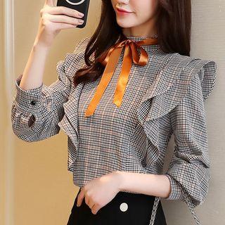Plaid Tie-neck Ruffle Blouse