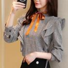 Plaid Tie-neck Ruffle Blouse