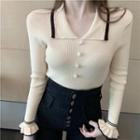 Long-sleeve Polo Collar Button Knit Top