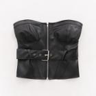 Front-zip Faux Leather Strapless Top