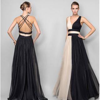 Two-tone Open-back A-line Maxi Dress
