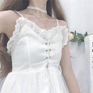 Spaghetti Strap Lace-up A-line Dress / Faux Pearl Mesh Jacket