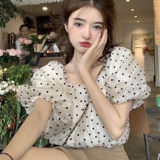 Dotted Square-neck Puff-sleeve Top Shirt - One Size